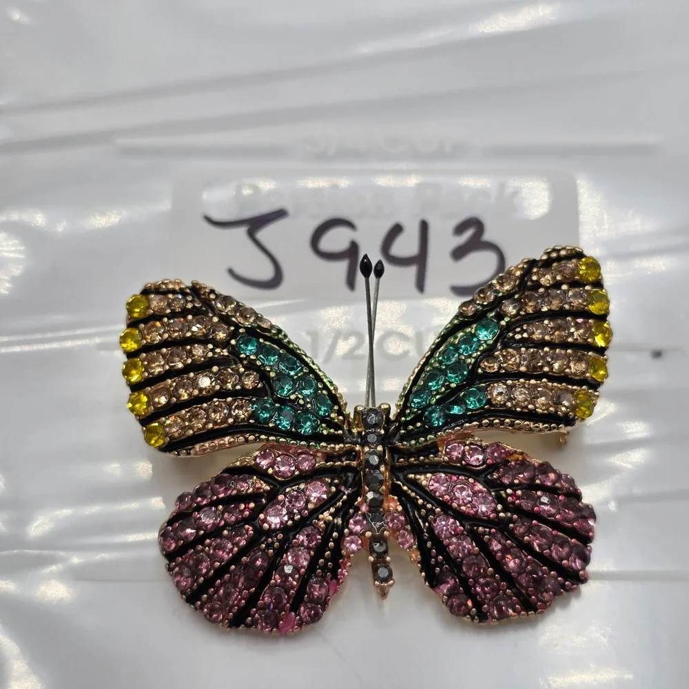 Multicolor Rhinestone Butterfly Brooch Gold Tone Crystal Insect Pin 2 Inch